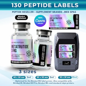 May include: A set of 130 peptide labels for Lux Med Peptides Retatrutide 3 mg, featuring holographic text and an atom icon. Includes two glass vials with labels, a label printer, and text indicating 3 sizes: 40x20mm, 40x30mm, and 50x30mm.