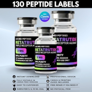 Puede incluir: Tres viales de vidrio transparente con tapas negras y etiquetas negras con el texto LUX MED PEPTIDES, RETATRUTIDE TRIPLE RECEPTOR AGONIST, 3 MG, 99% PURITY, LOT NUMBER: 45463258 y FOR RESEARCH USE ONLY. Las etiquetas tienen un borde degradado.