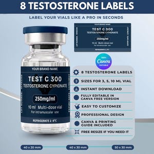 Puede incluir: Un vial de vidrio transparente de 10 ml con tapa azul oscuro y etiqueta TEST C 300 TESTOSTERONE CYPIONATE 250mg/ml. La imagen incluye texto para 8 etiquetas, 3 tamaños para viales de 3, 5, 10 ml y dimensiones de 40x20mm, 40x30mm, 50x30mm.