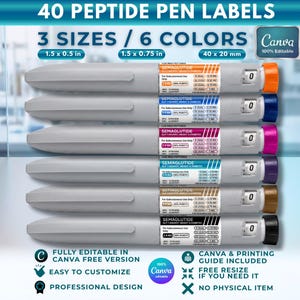 Peut inclure: Un ensemble de 40 étiquettes pour stylos à peptides en 3 tailles et 6 couleurs : orange, bleu, rose, violet, doré et noir. Les étiquettes portent le texte Semaglutide, 99% Purity et For Subcutaneous Use Only. Les tailles incluent 1,5 x 0,5 po, 1,5 x 0,75 po et 40 x 20 mm.
