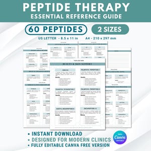 Peut inclure: Un guide de référence numérique intitulé Peptide Therapy Essential Reference Guide, présentant 60 peptides aux formats US Letter 8,5 x 11 pouces et A4 210 x 297 mm. Le document inclut des sections sur la beauté, la peau et le bien-être en bleu sarcelle.