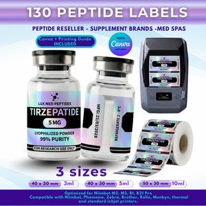 Puede incluir: Un conjunto de 130 etiquetas de péptidos para marcas de suplementos y spas médicos, con texto holográfico para Tirzepatide 5mg. Incluye un rollo de etiquetas, dos viales de vidrio etiquetados y una impresora. Texto: 40x20mm, 40x30mm, 50x30mm.