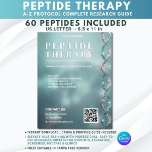 Puede incluir: Una guía de investigación en tonos verde azulado titulada Peptide Therapy A-Z Protocol Complete Research Guide, 21,59 x 27,94 cm. Incluye un gráfico de hélice de ADN, una lista de temas de investigación, datos de contacto y un código QR.