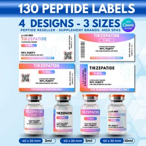 Pode incluir: Uma exibição digital de 130 etiquetas de peptídeos com quatro designs e três tamanhos. As etiquetas são para pó liofilizado de Tirzepatida 5 mg, 99% de pureza, apenas para fins de pesquisa. Quatro frascos de vidro com tampas laranja.
