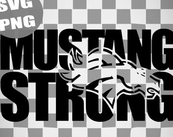 May include: Black and white graphic design with the text "Mustang Strong" with a stylized horse head image inside the text. The text "Otis & Oscar" is below the graphic.