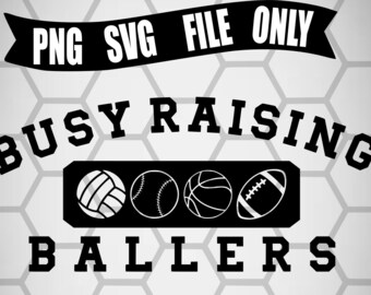 Op de afbeelding: Zwart-wit grafisch ontwerp met de tekst "Busy Raising Ballers" en vier sportballen: een volleybal, een honkbal, een basketbal en een voetbal. De tekst "Otis & Oscar" staat onderaan het ontwerp.