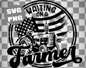 May include: Black and white illustration of a tractor with the text "Waiting on a Farmer" in a circle with an American flag design. The text "Otis & Oscar" is below the circle.