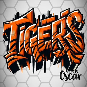 May include: Orange and black graffiti art spelling out "TIGERS" with tiger stripe details. The artwork includes a cityscape silhouette and the text "Gins & Oscar" in a stylized font, set against a hexagonal pattern background.