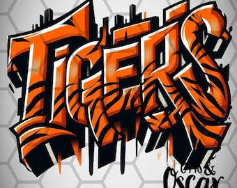 May include: Orange and black graffiti art spelling out "TIGERS" with tiger stripe details. The artwork includes a cityscape silhouette and the text "Gins & Oscar" in a stylized font, set against a hexagonal pattern background.