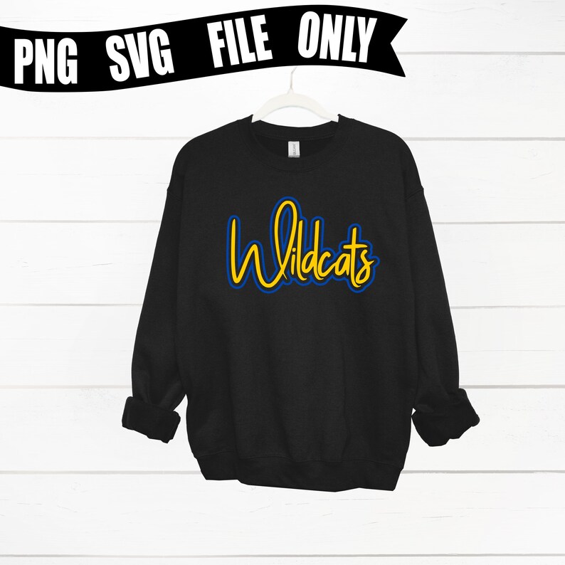 May include: Black sweatshirt with a yellow and blue "Wildcats" graphic.
