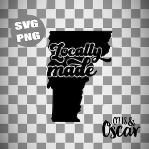 May include: Black and white silhouette of the state of Vermont with the text "Locally made" in a retro font. The text "Otis & Oscar" is below the state silhouette.