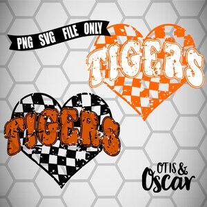 May include: Two heart-shaped designs with the word "TIGERS" in orange, distressed lettering. One heart is orange with a checkered pattern, the other is black and white checkered. The text "PNG SVG FILE ONLY" is above the hearts. The Otis & Oscar logo is at the bottom.