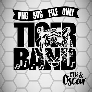 May include: Black and white digital design featuring a tiger's face with the words "Tiger Band" and "Otis & Oscar" below. The design includes musical notes.