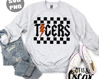 Tiger Tigers School Shirt Design  SVG PNG Checker Lightning Trendy
