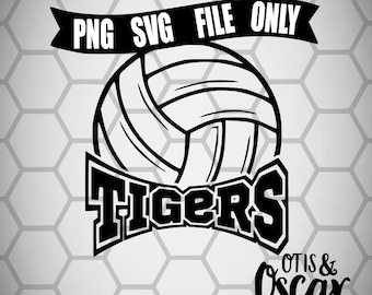 May include: Black and white graphic design featuring a volleyball with the word "Tigers" in a bold font. The text "PNG SVG FILE ONLY" is above the volleyball and the text "Otis & Oscar" is below the volleyball.