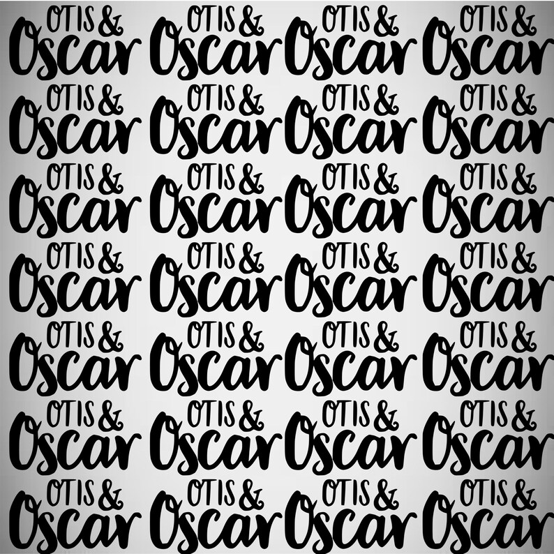 Op de afbeelding: Een herhalend patroon van de tekst "OTIS & Oscar" in zwarte letters op een witte achtergrond.