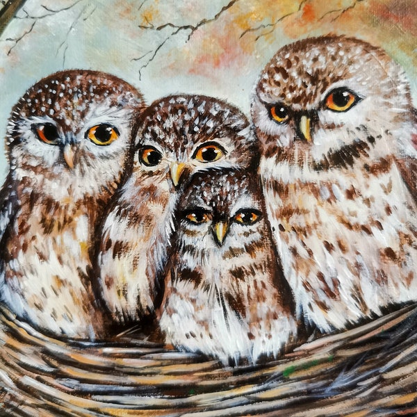 Owls original painting on Canvas, Wildlife painting CANVAS READY to Hang, Animal Original Art, Owl babies