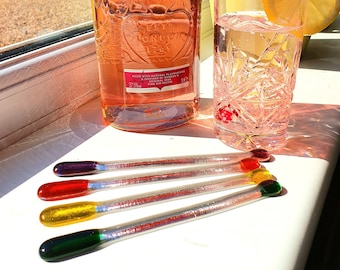 Rainbow Fused Glass Swizzle Sticks: Colorful Cocktail Stirrers
