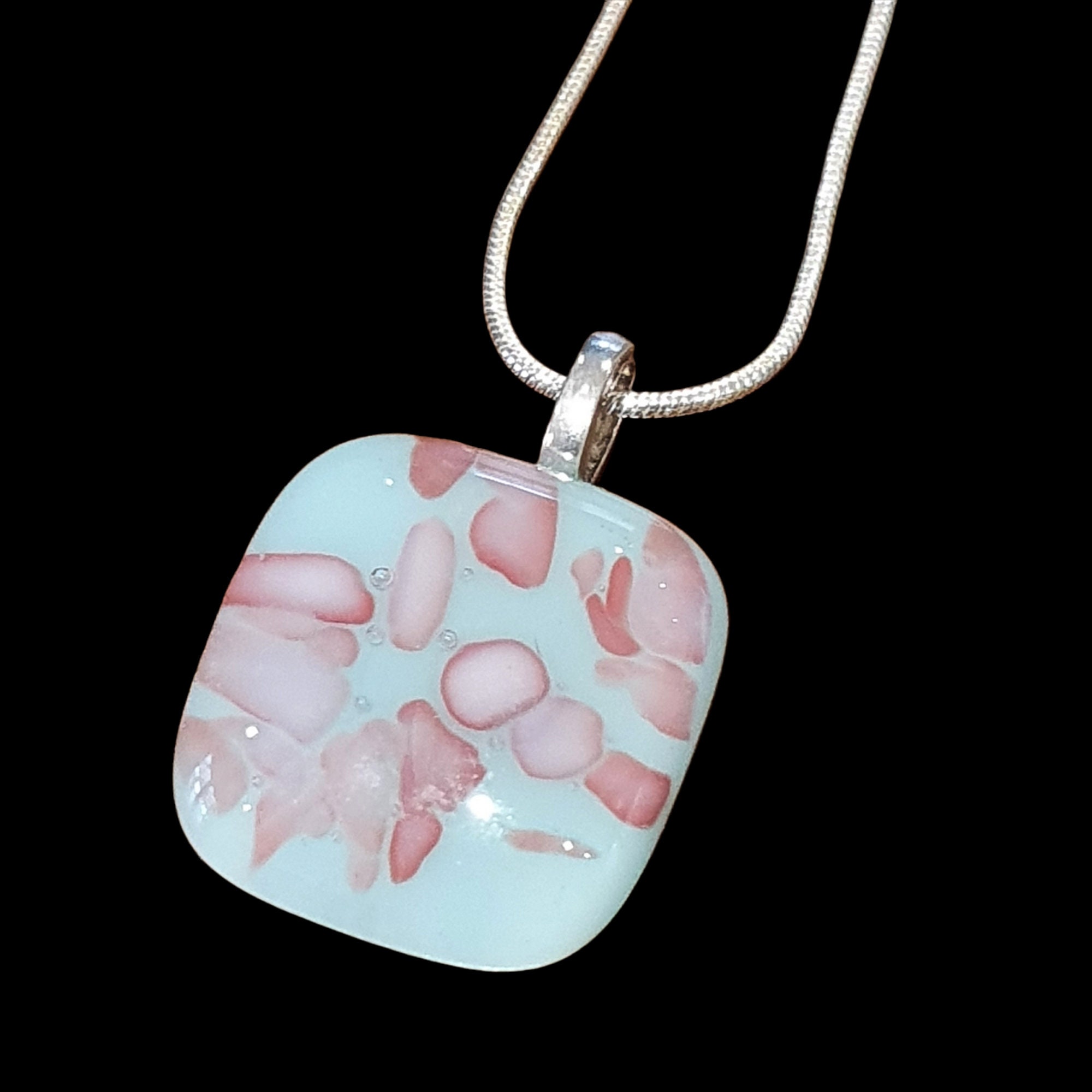 Coral and Blue Pendant Reactions Glass Necklace Sterling Silver Chain