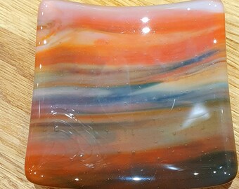 Red Sky Fused Glass Ring Dish: Handmade Art Soap Dish