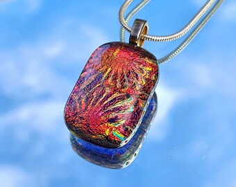 Gold Sunburst Pendant, Gold on Red Dichroic Fused Glass Jewellery