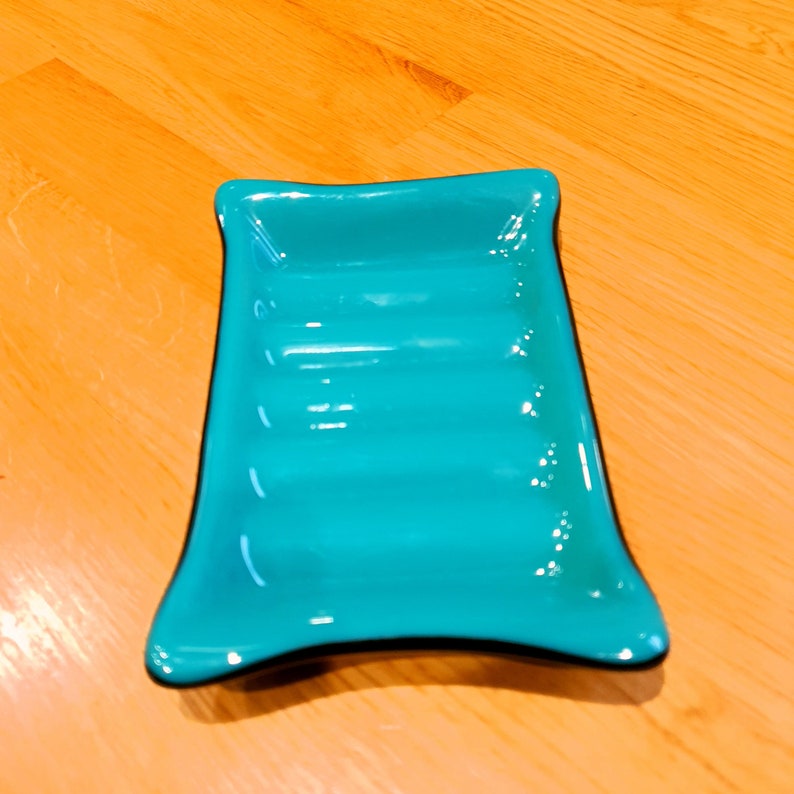 Teal on Black Ribbed Glass Soap Dish Handmade Bathroom Decor Etsy