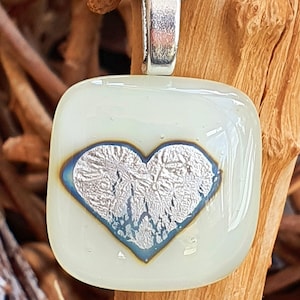 Silver Heart on White Glass Pendant, Fused Glass Necklace, Reactions Glass