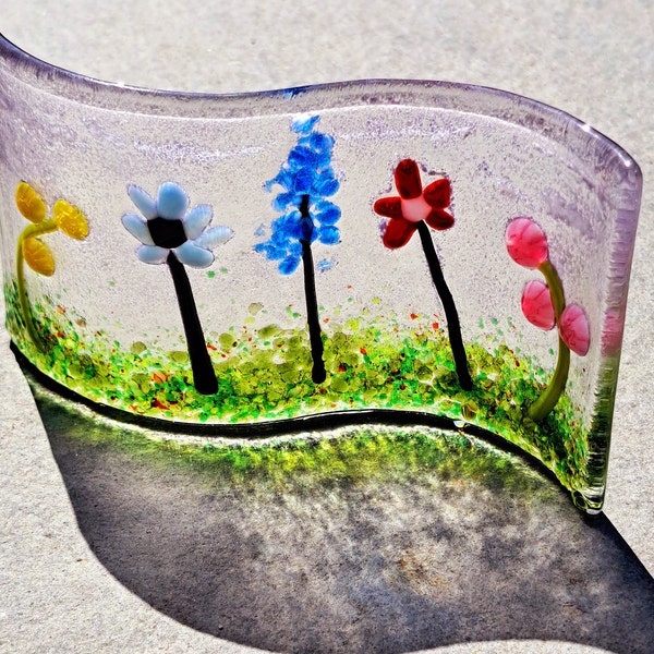 Fused Glass Art, Summer Meadow, Floral Wave, Tabletop suncatcher