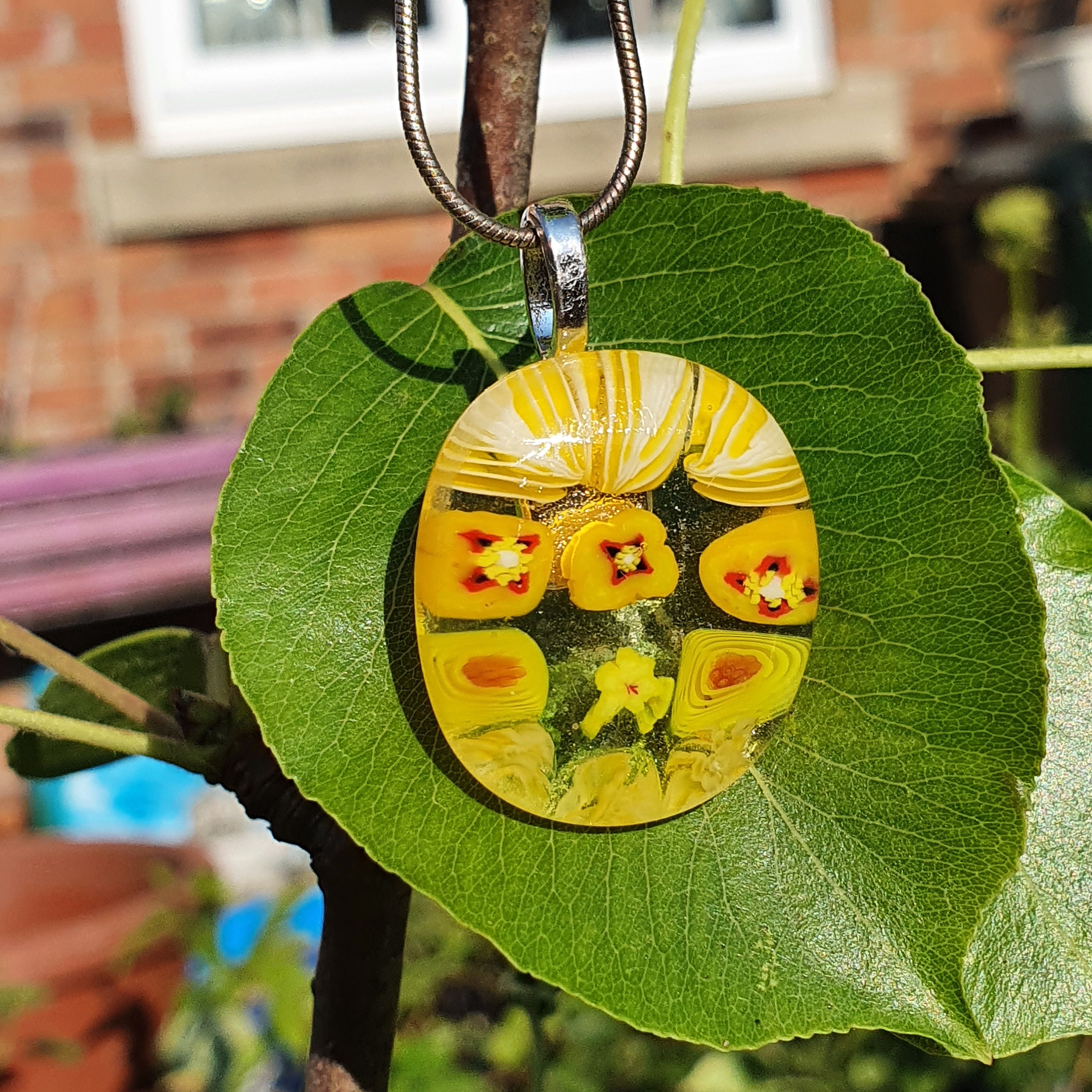 Yellow Floral Pendant, Citrus Yellow Pendant, Fused Glass Pendant, Bright Summer Necklace