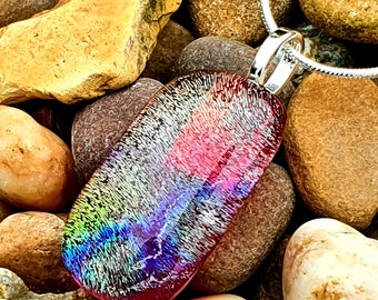 Dichroic Rainbow Necklace, Red Colour Changing Fused Glass Pendant, Dichroic Glass Pendant