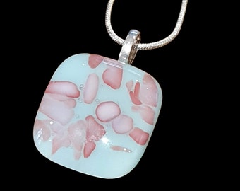 Coral and Blue Pendant, Reactions Glass Necklace, Sterling Silver Chain