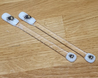 Handmade Bee Fused Glass Swizzle Sticks: Cocktail Drink Stirrers, Set of 2