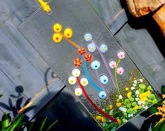 Textured Flower Suncatcher, Orange and Blue Flowers Suncatcher, Fused Glass Suncatcher, Yellow and Pink