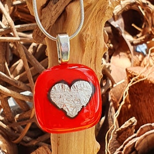 Silver Heart on Tomato Red, Fused Glass Pendant, Reactions Glass
