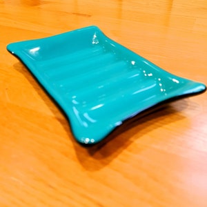 Teal on Black Ribbed Glass Soap Dish, Handmade Bathroom Decor