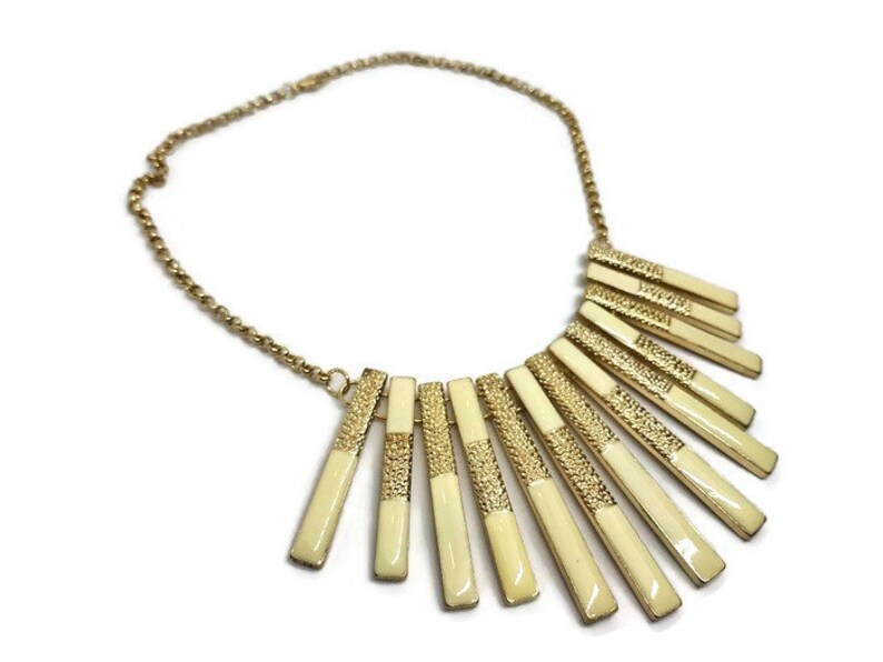 Vintage bib necklace Woman gift Vintage chunky necklace Color block necklace Vintage statement necklace Gold and white chunky necklace