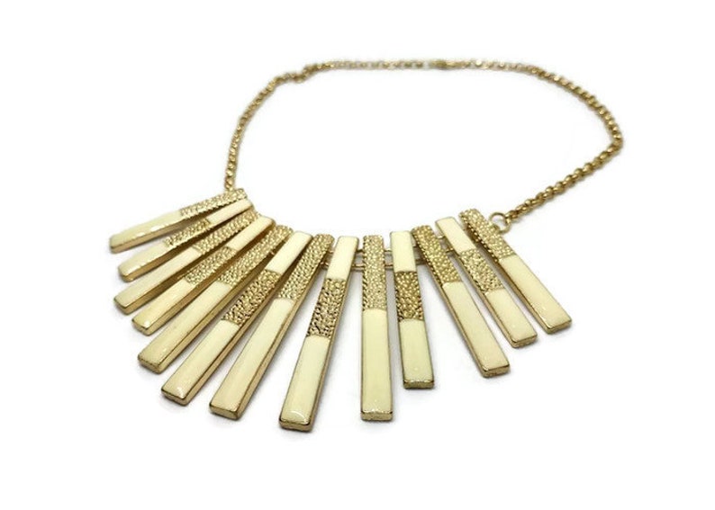 Vintage bib necklace Woman gift Vintage chunky necklace Color block necklace Vintage statement necklace Gold and white chunky necklace