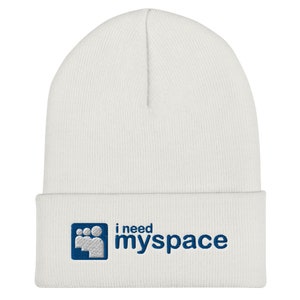 May include: White knit beanie with a blue embroidered logo that says "i need myspace" and a blue silhouette of a group of people.