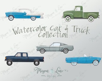 Watercolor Transportation Clipart, Vintage BelAir, Thunderbird, Mustang, Chevy and Ford Pickup, PNG Digital Download for Sublimation etc