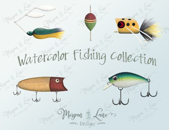Watercolor Fishing Clipart, Lures, PNG Digital Download for
