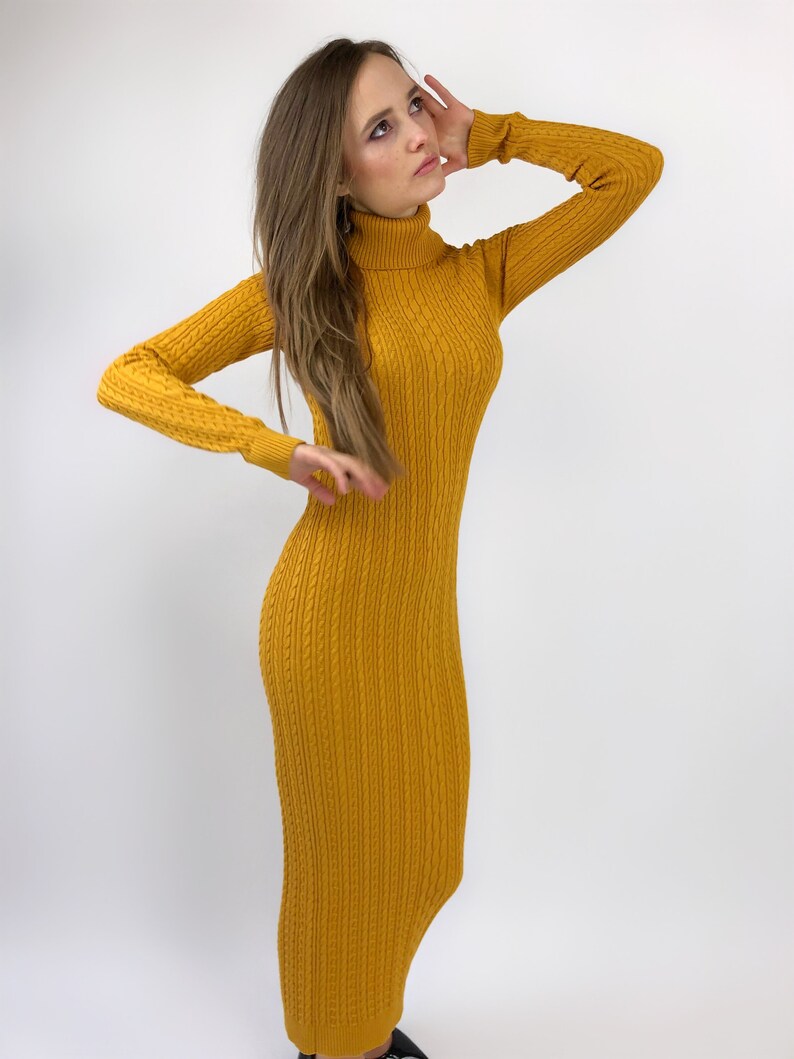 Mustard dress Office turtleneck yellow dress Autumn maxi Etsy