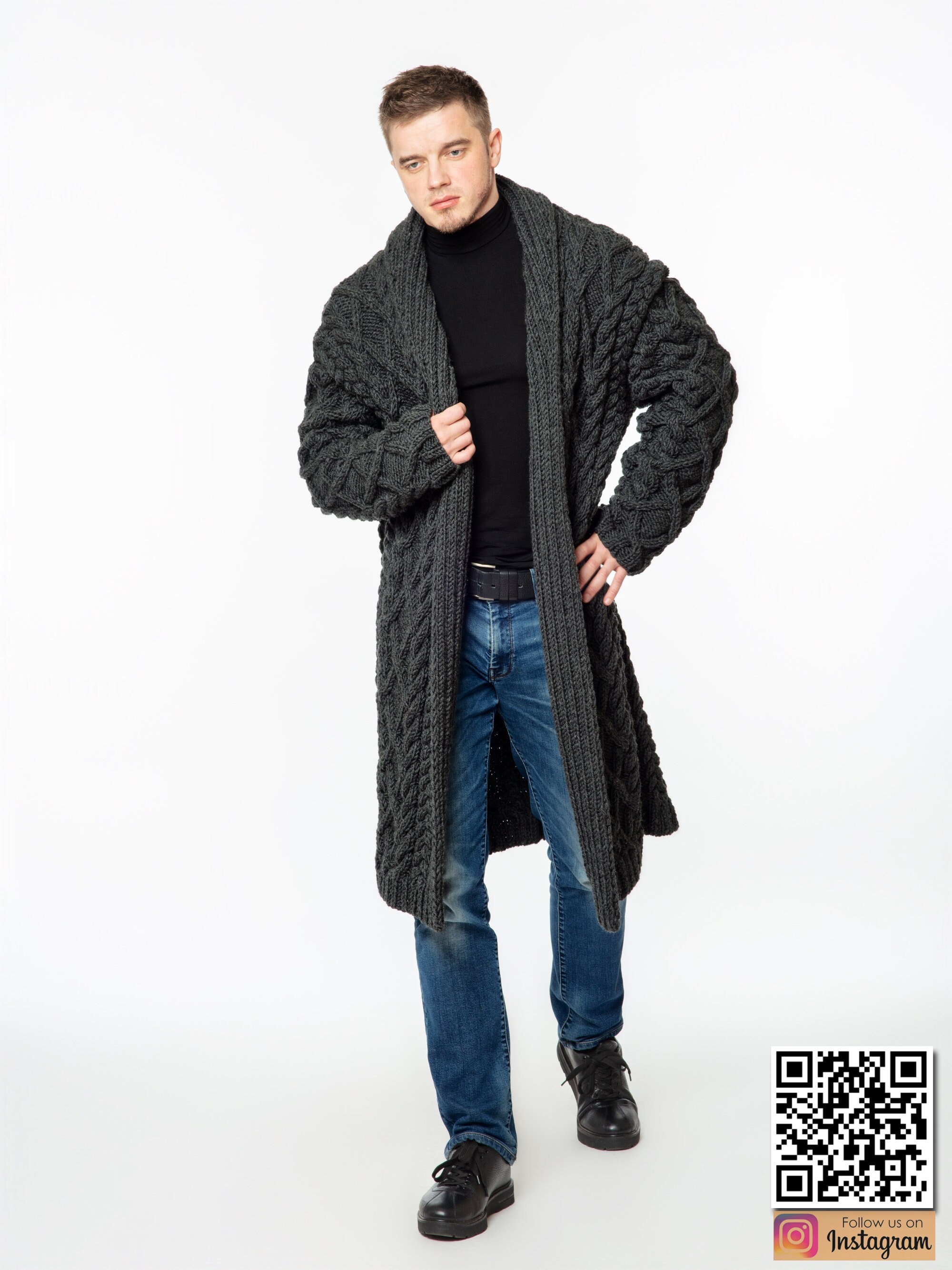 Long Cardigan Men Grey Cable Knit Sweater Etsy