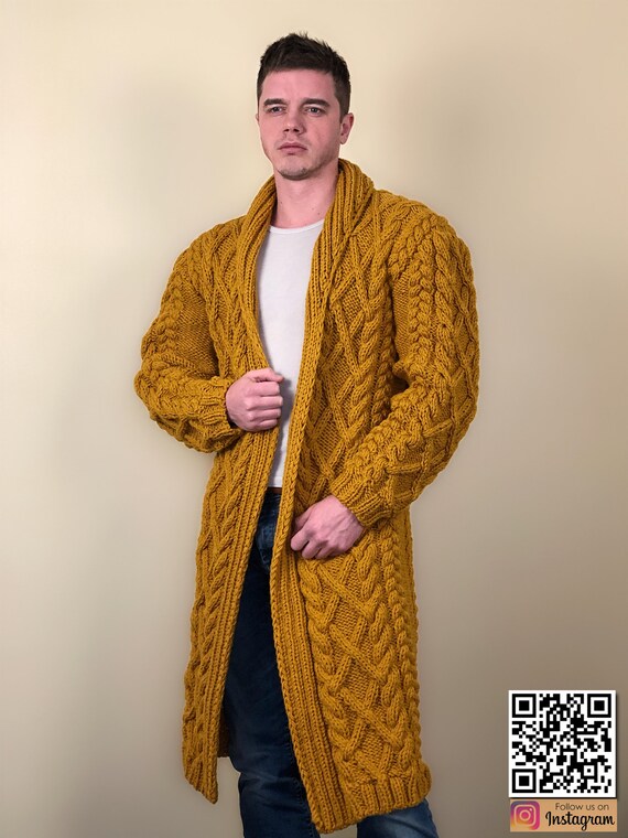 Mens shawl collar cardigan Wool long coat | Etsy