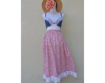 Vintage Prairie Skirt - Floral Midi - Pink & Blue - White Lace - Boho Bohemian - 1970s - Girly - Spring - XXS XS S - Hippie - 70s - Peasant