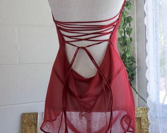 Vintage Victoria’s Secret Slip Dress - 1990s to Y2K - Sheer Lace Up Open Back - Lingerie Dress - Romantic Chic Coquette - Deep Red Maroon- M