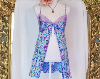 Vintage Tie Front Slip Top or Dress - 1990s to Y2K - Dainty Floral - Purple & Blue - Lace - Boho Bohemian Chic - Trendy Lingerie Camisole L