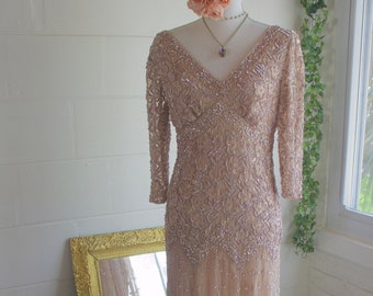 Vintage Sequin Beaded Dress - 1980s to 1990s - Formal Midi Dress - Flapper Style - Boho Bohemian Chic - Romantic - Medium Large - Neutral