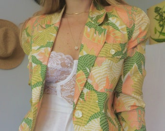 Vintage 100% Silk Blazer - 1980s to 1990s - Floral Palm Print - Pastel Green Peach Pink Ivory - Oversized Jacket - XS to Small - Boho Chic