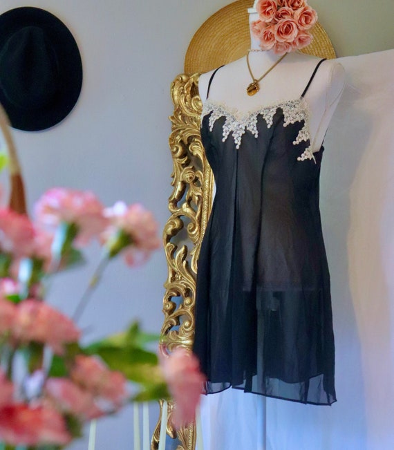 Vintage Slip Dress - 1980s to 1990s - Black Sheer… - image 1