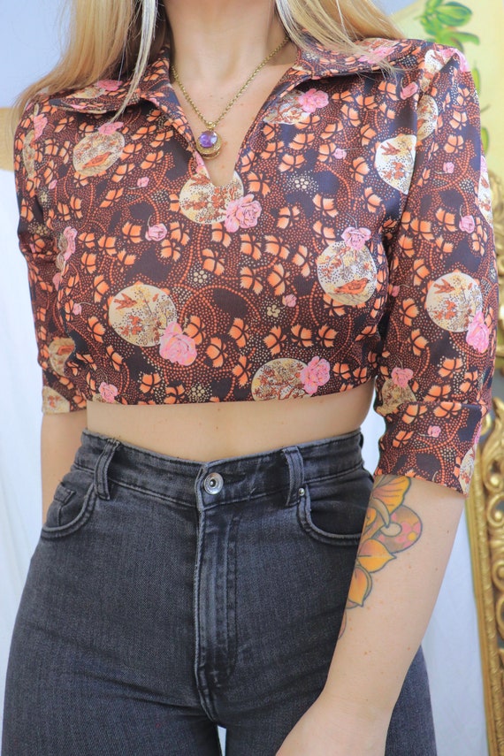 Vintage Collared Blouse - 1960s to 1970s - Floral… - image 1